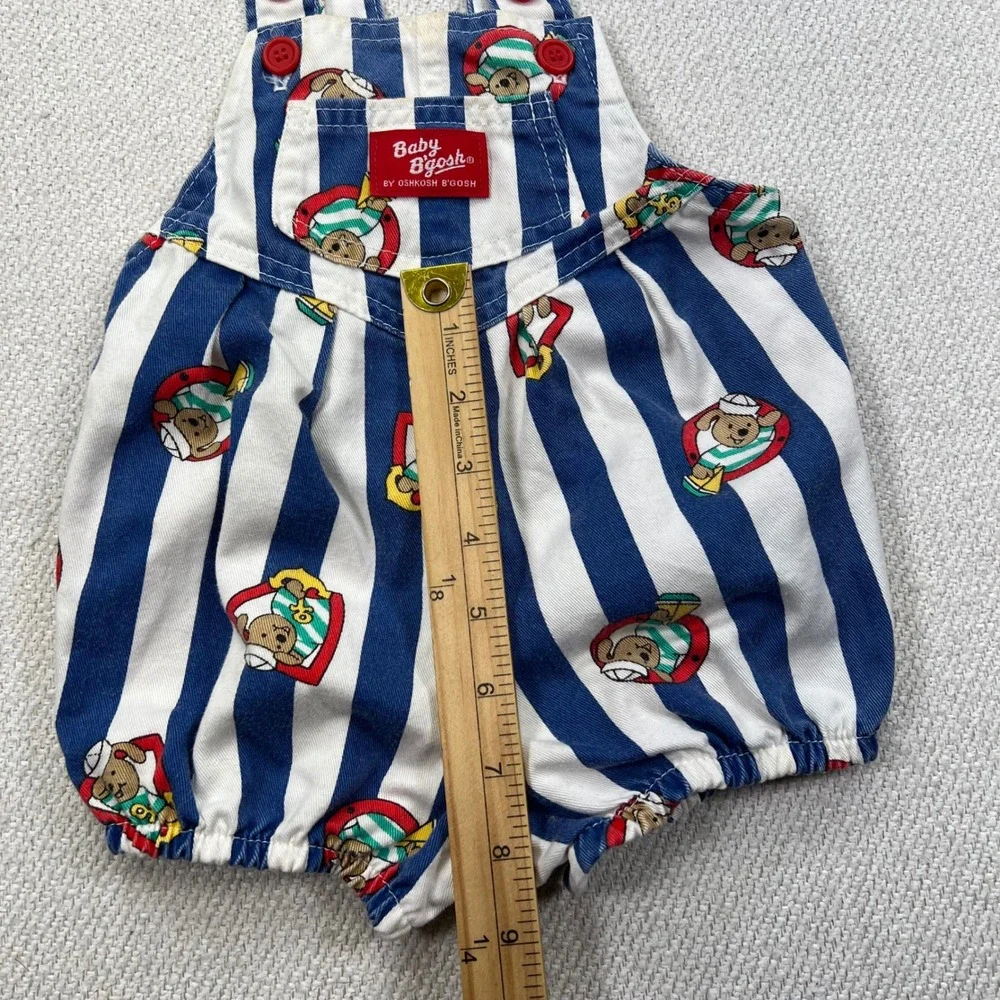 Baby OshKosh Shortall Bubble Overalls 12M Blue White Striped Sailor Bear VTG 80s